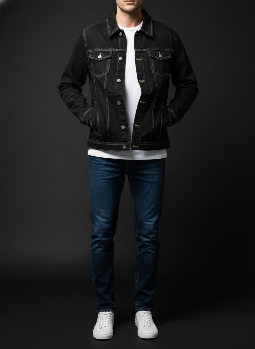 Person wearing a black denim jacket, white shirt, blue jeans, and white sneakers on a dark background