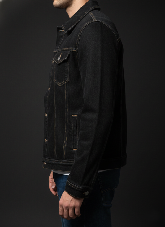 Black denim jacket worn by a person on a black background