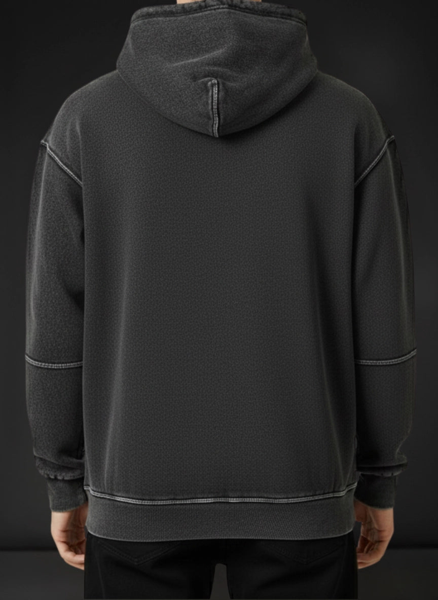 Black hoodie with gray accents on a dark background