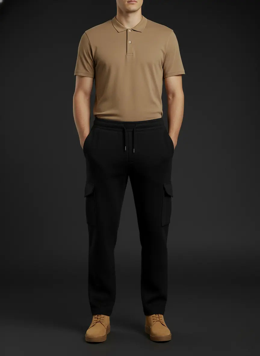 Person wearing a beige polo shirt and black scuba trouser on a dark background