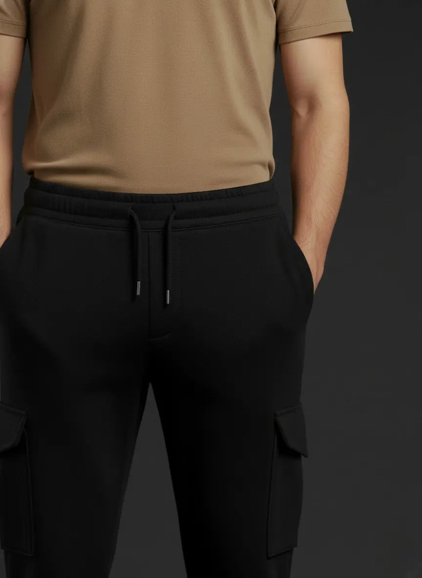 Person wearing a brown t-shirt and black cargo pants on a dark background