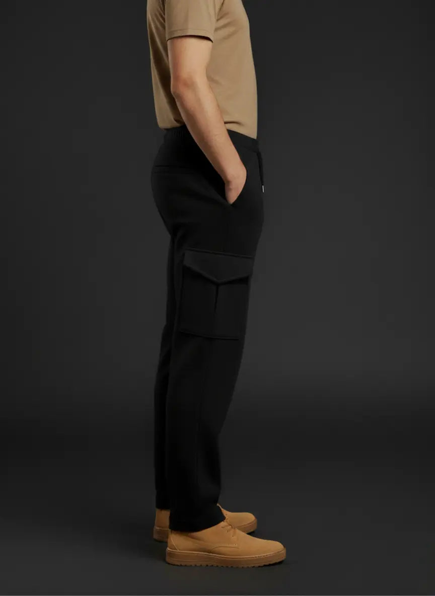 Person wearing black cargo pants and tan shoes on a dark background