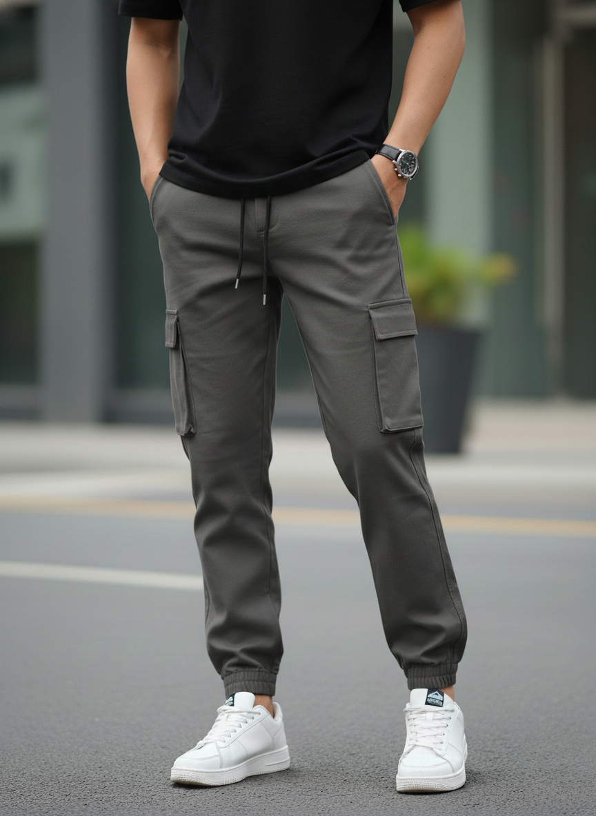 Person wearing gray cargo jogger pants and white sneakers on a blurred street background