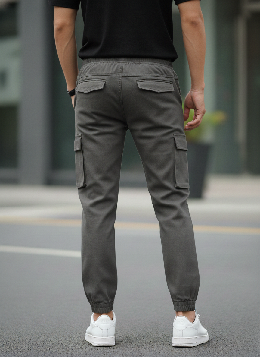 Person wearing gray cargo pants and white sneakers on a street.