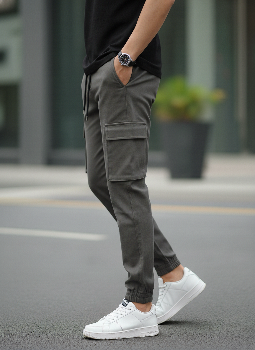 Person wearing gray cargo pants and white sneakers on a street.
