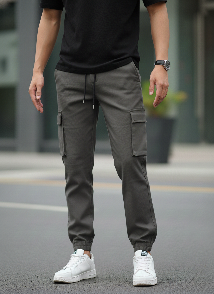 Person wearing gray cargo jogger pants and white sneakers on a blurred street background