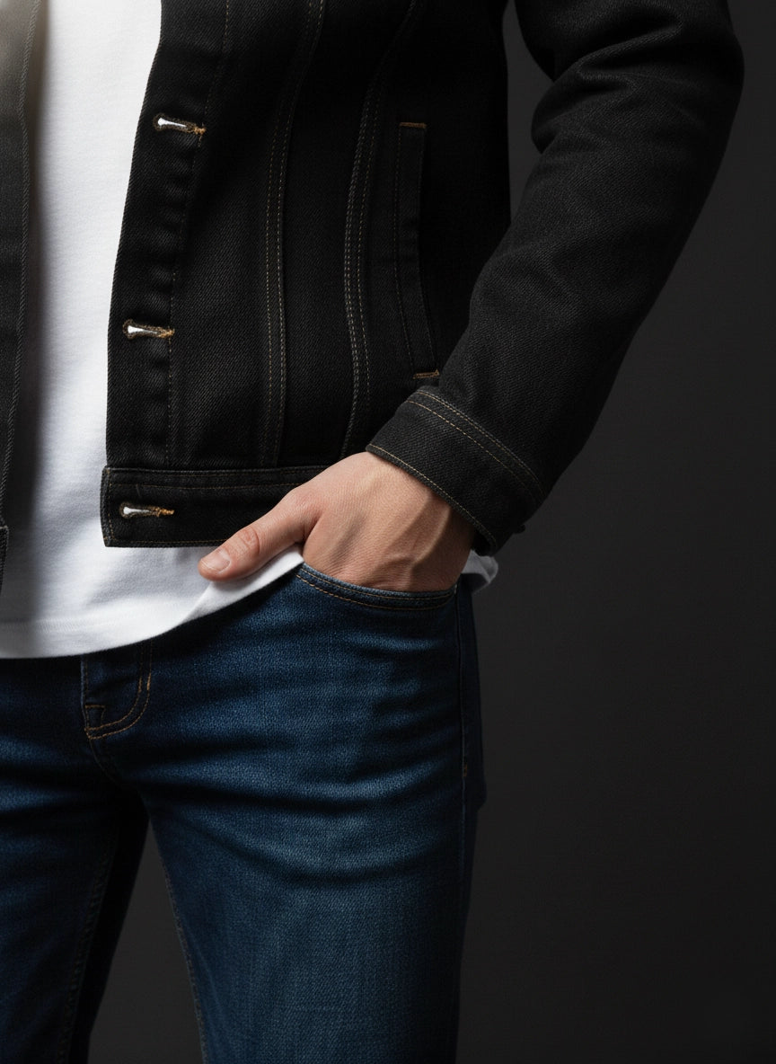 Person wearing a black jacket, white shirt, and blue jeans on a dark background