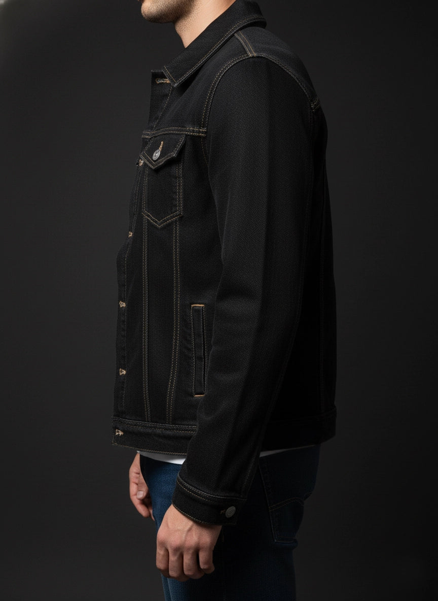 Black denim jacket worn by a person on a dark background