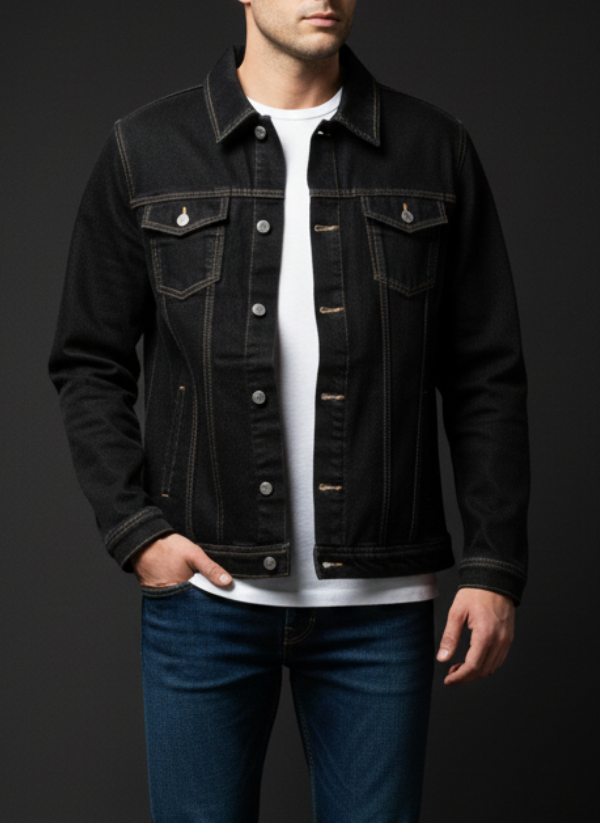 Man wearing a black denim jacket over a white shirt on a dark background