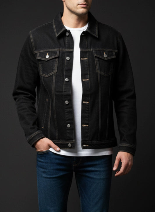 Person wearing a black denim jacket over a white shirt with a dark background