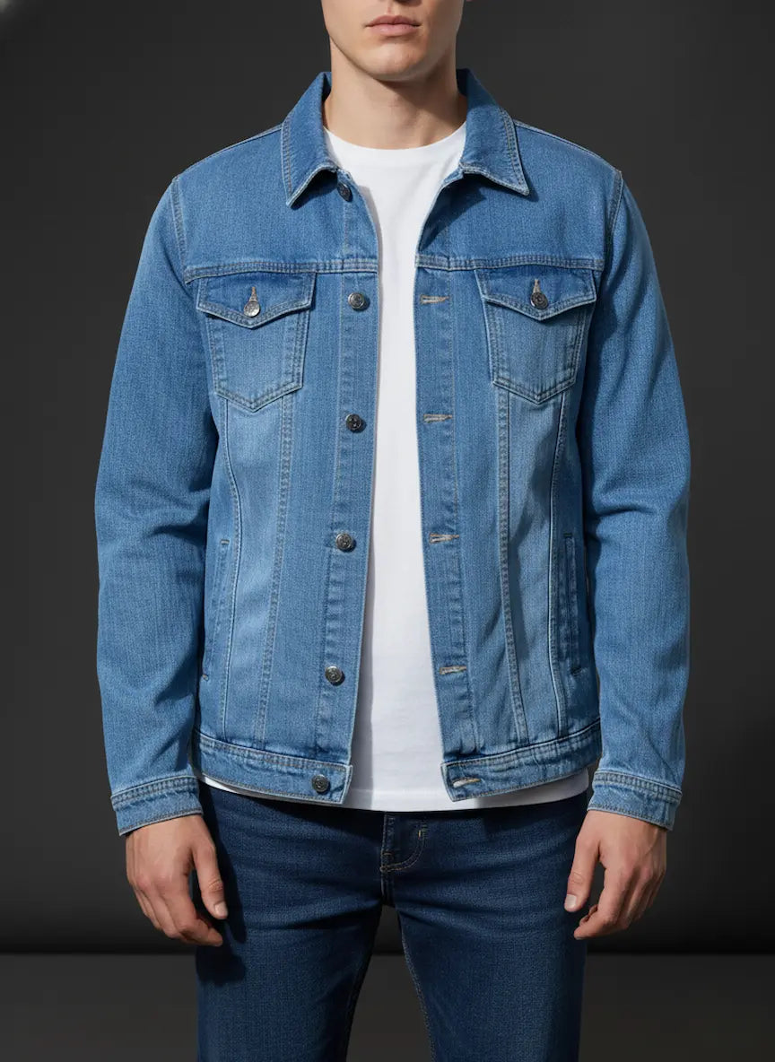 Person wearing a Classic Blue Denim Jacket over a white shirt on a black background