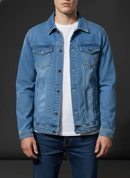 Person wearing a Classic Blue Denim Jacket over a white shirt on a black background