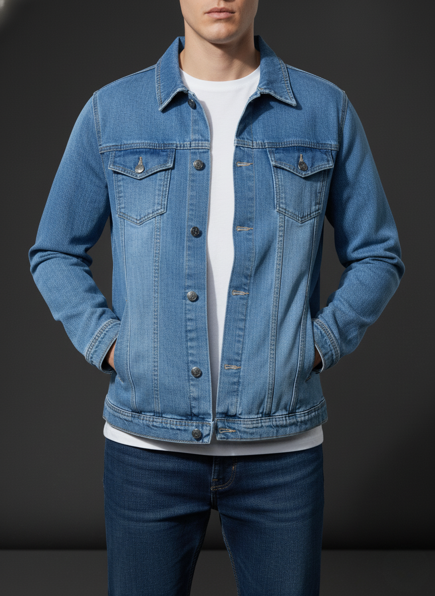 Person wearing a blue denim jacket and jeans on a dark background