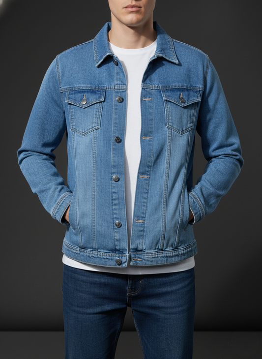 Person wearing a blue denim jacket and jeans on a dark background