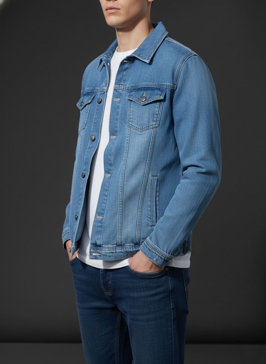 Person wearing a blue denim jacket and jeans on a dark background