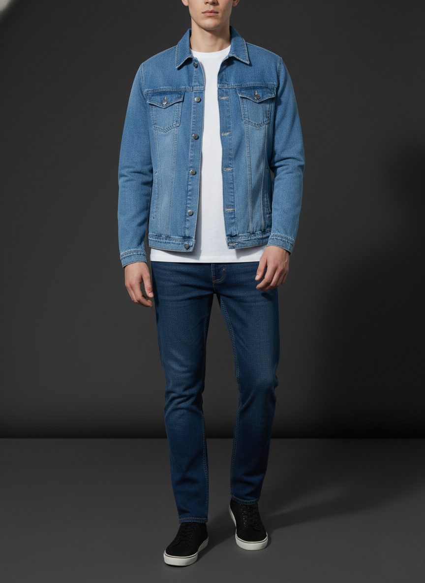 Person wearing a blue denim jacket and jeans on a dark background