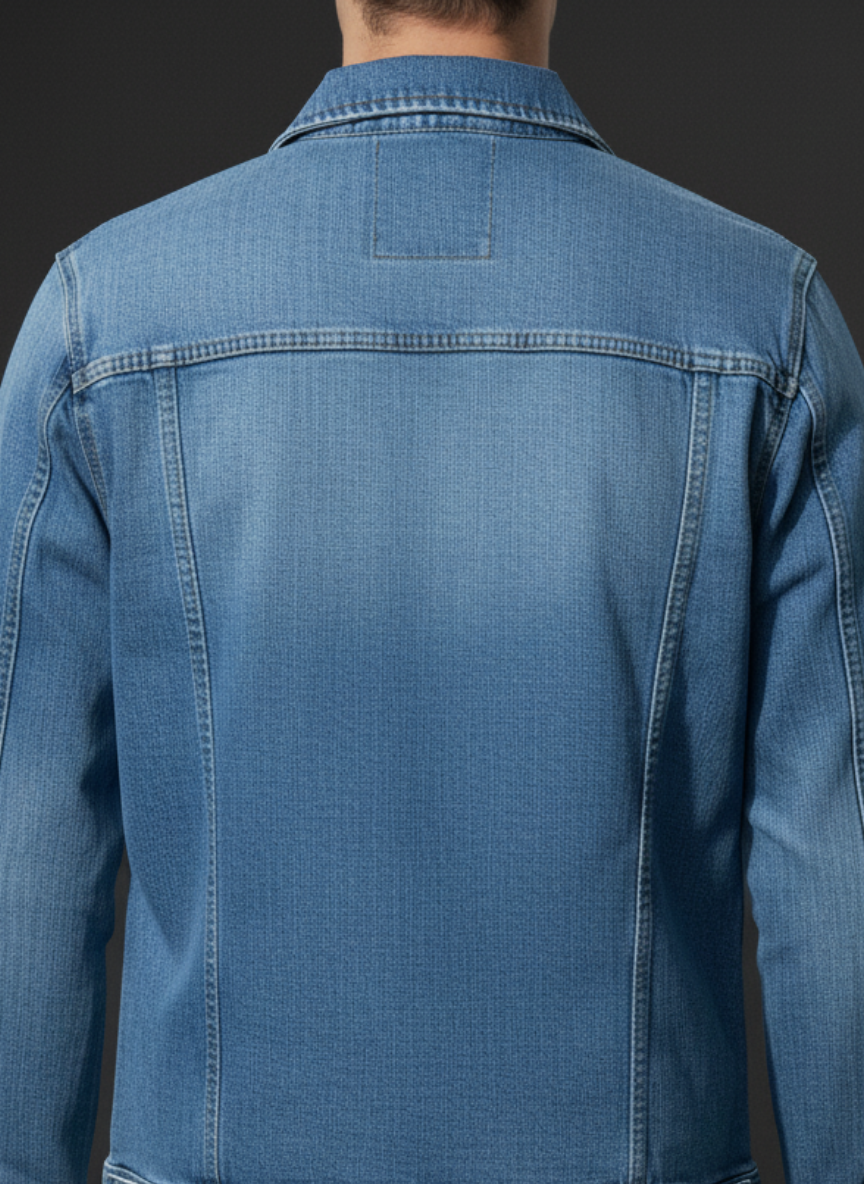 Blue denim jacket on a dark background