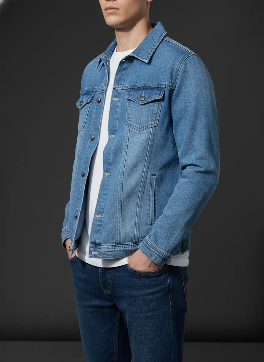Person wearing a blue denim jacket and jeans on a dark background