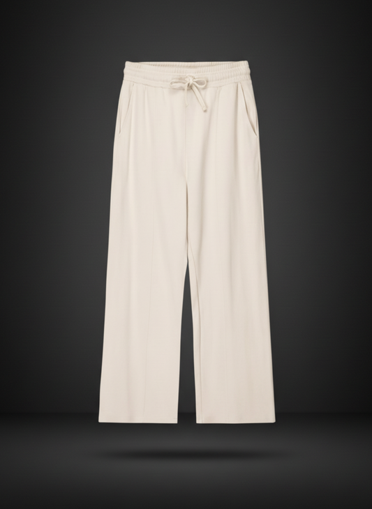 Beige wide-leg pants with drawstring waist on a black background