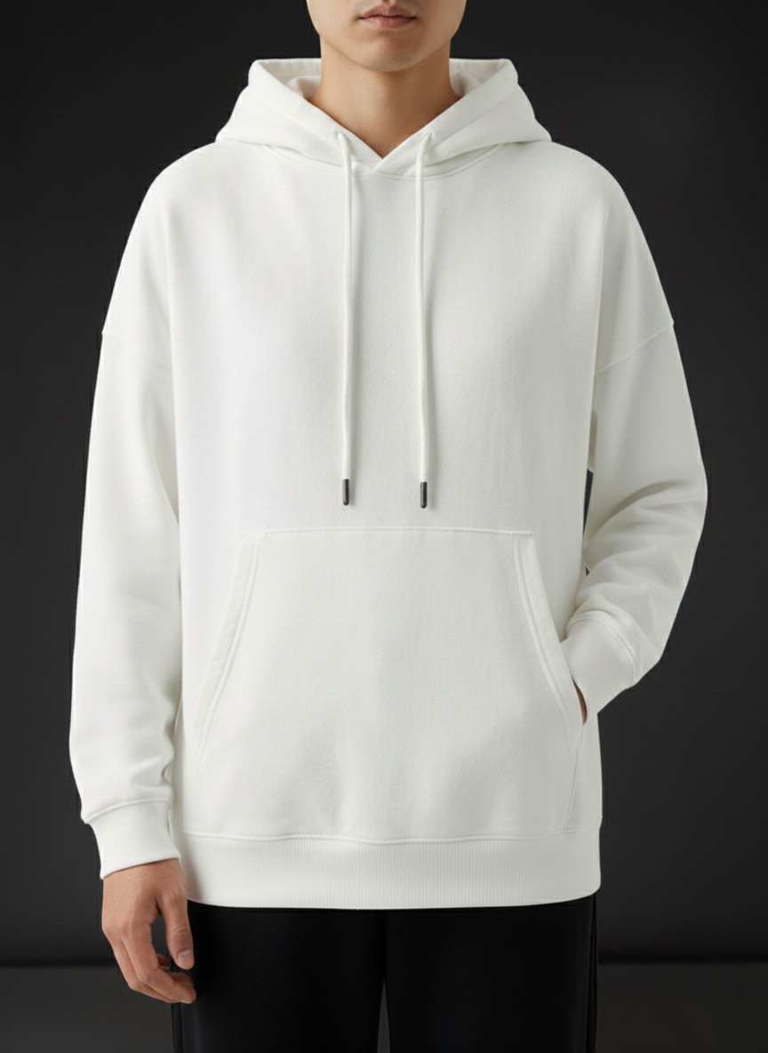 Person wearing a white hoodie against a black background