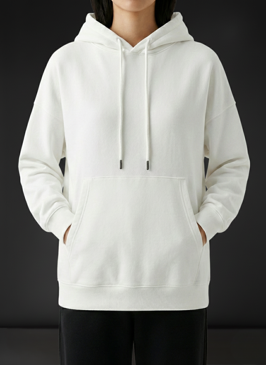 White hoodie worn by a person on a black background