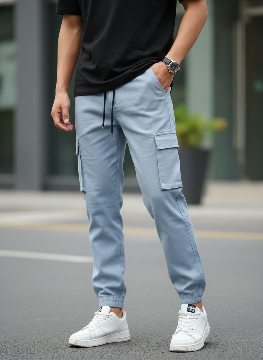 Person wearing light blue cargo pants and white sneakers on a street.