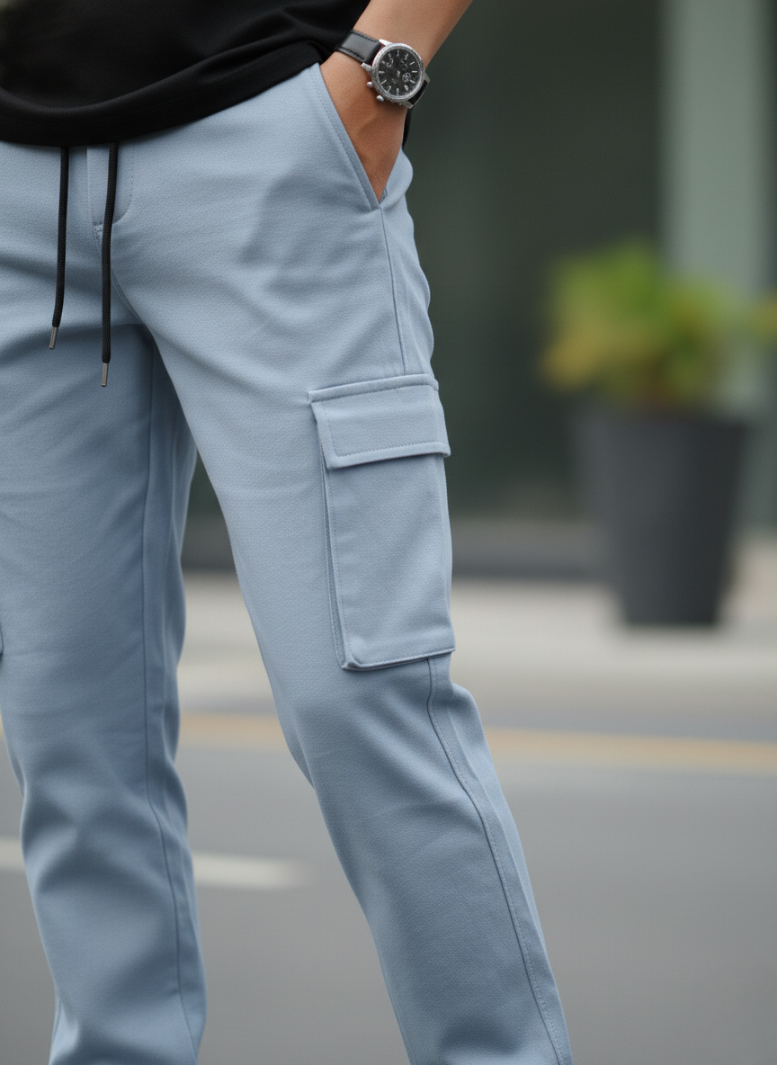 Light blue cargo pants worn by a person with a blurred background