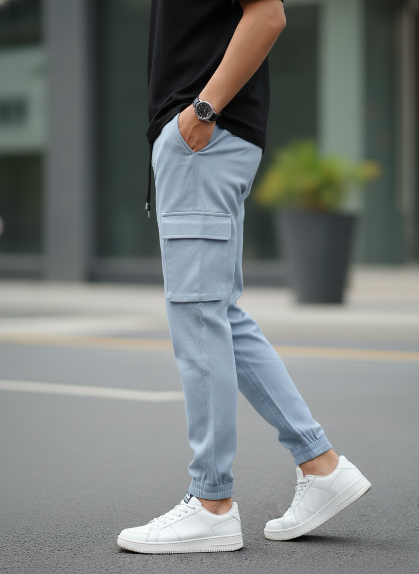 Person wearing light blue cargo pants and white sneakers on a street.