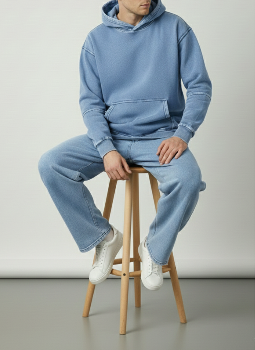 Person wearing a blue tracksuit sitting on a wooden stool against a plain background