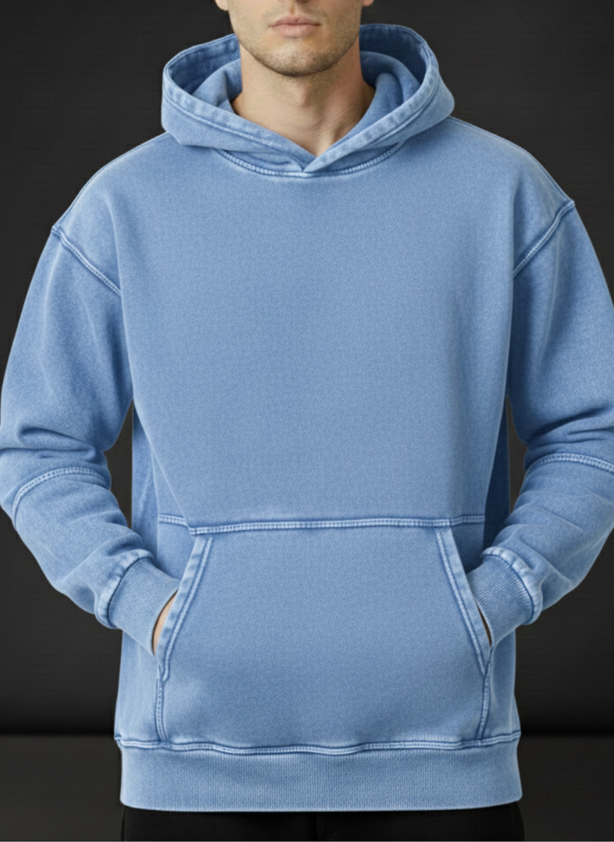 Blue hoodie worn by a person on a black background