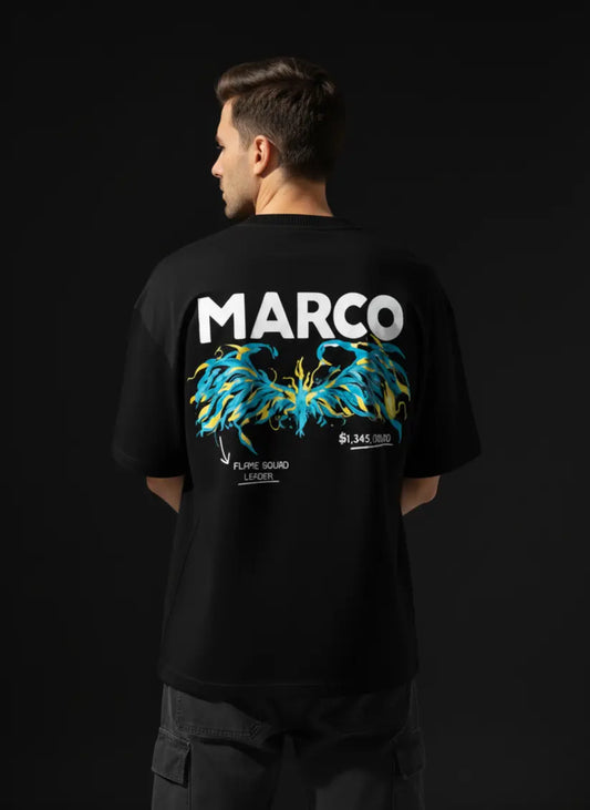 Person wearing a black t-shirt with 'Marco' branding on the back against a dark background