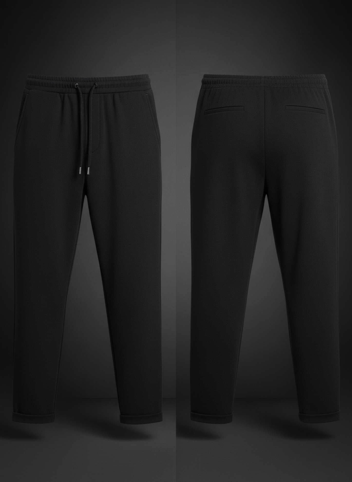 Black pants shown from front and back on a dark background