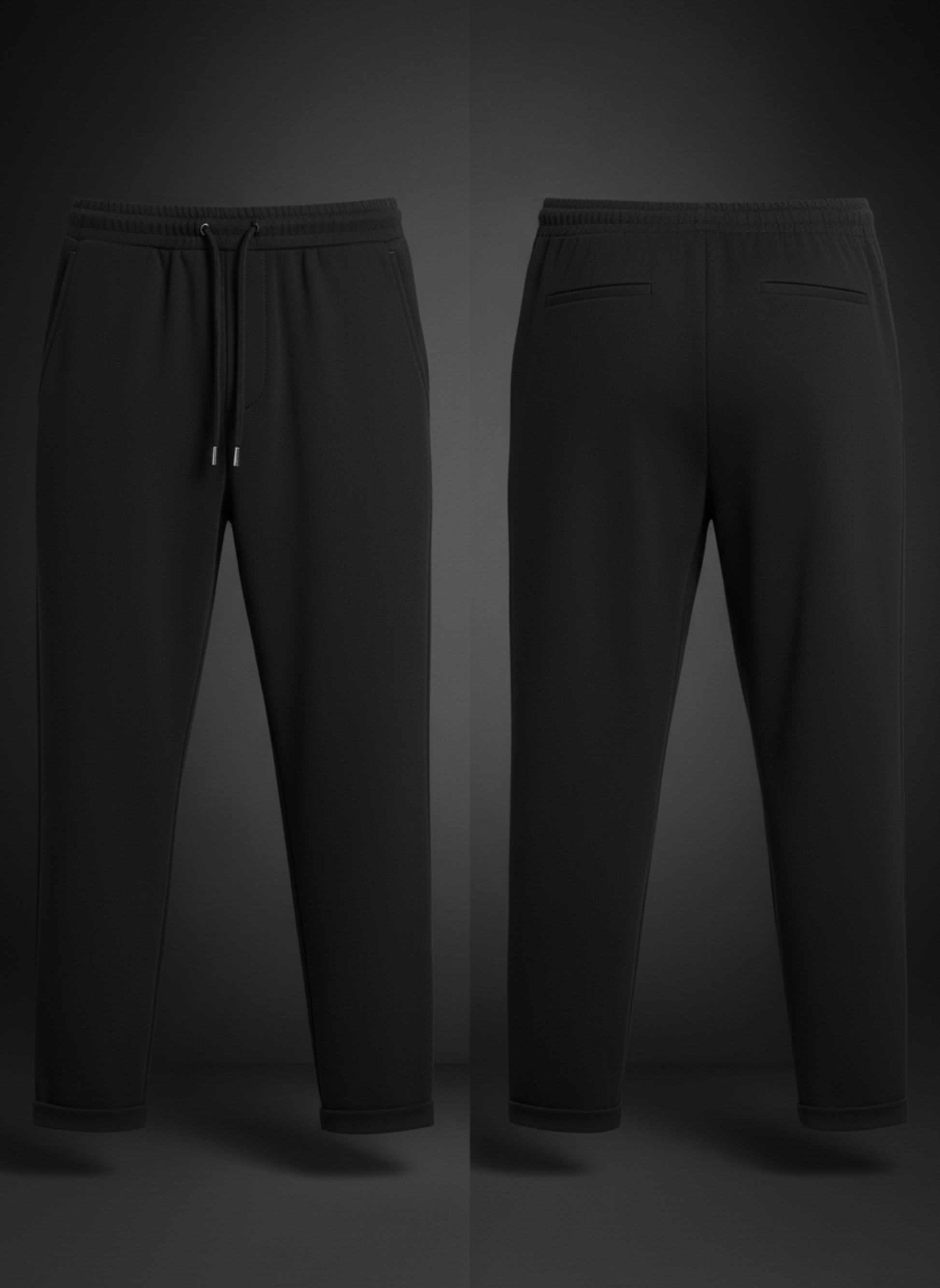Black pants shown from front and back on a dark background