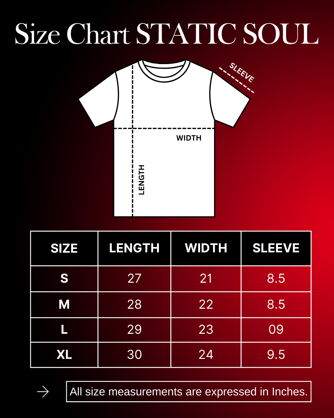 Size chart for a t-shirt with measurements on a red and black background, featuring the brand 'Static Soul'.