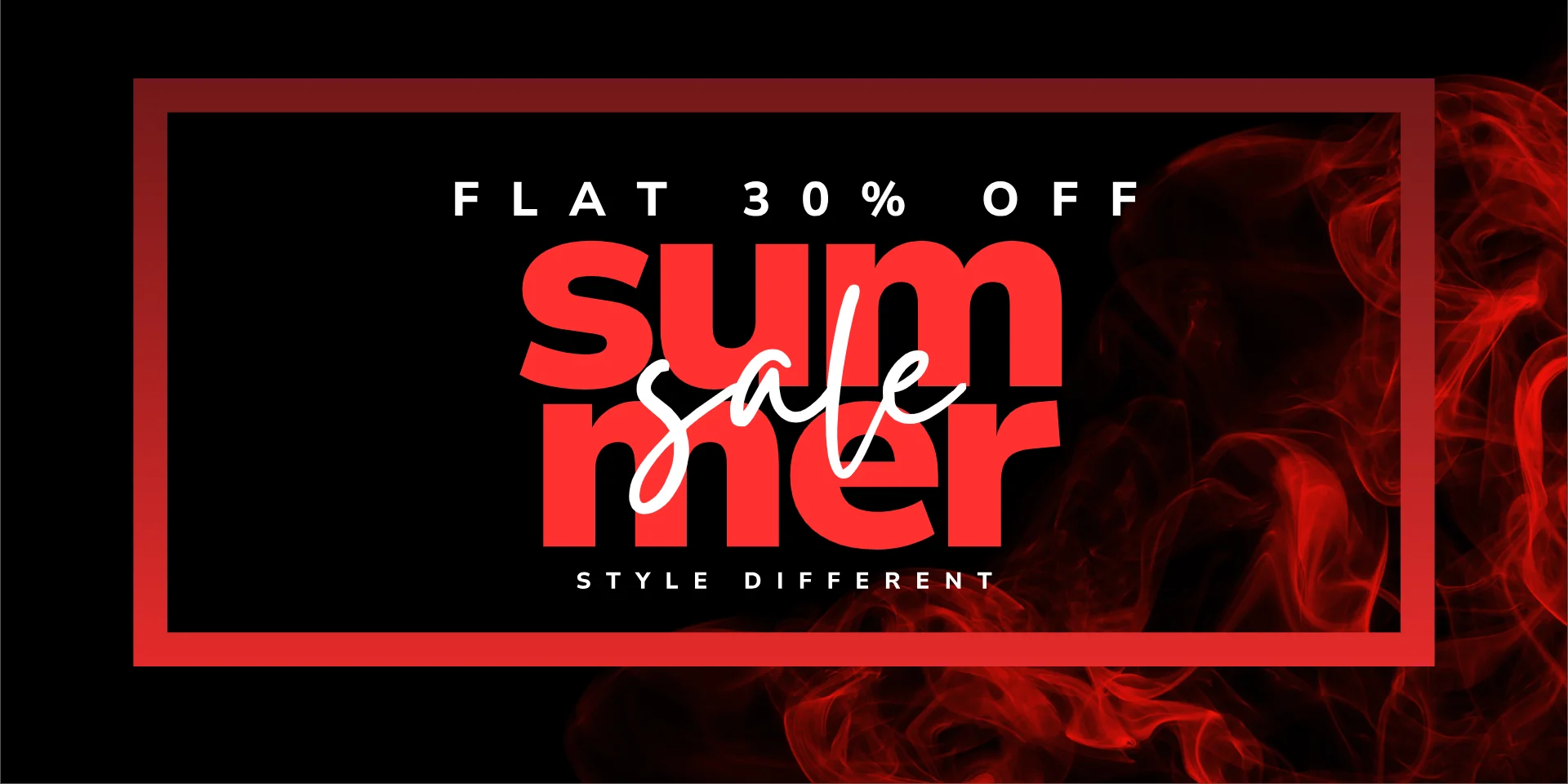 Summer sale banner with 30% off text on a black background with red smoke effects.